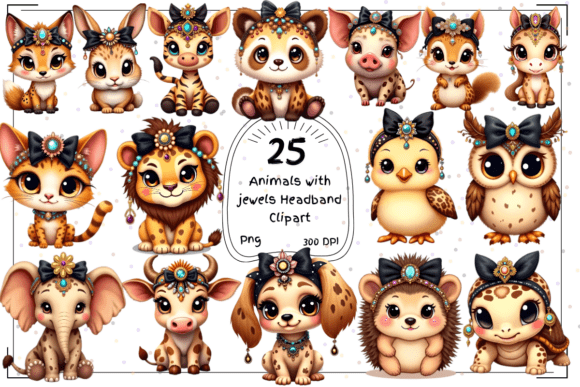 Enchanting Animal Clipart with Jeweled Headbands for Creative Projects